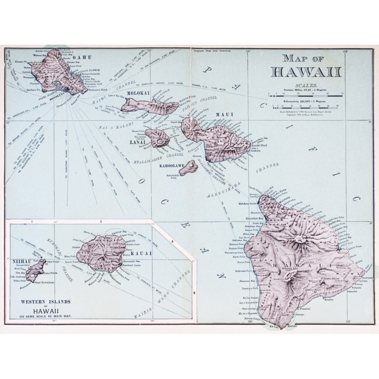 A Map Of Hawaii C. 1898. The Eight Major Islands Of The Hawaiian Archipelago. From The History Of Our Country Published
